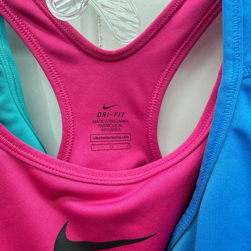 3 Nike Dri-Fit Athletic Sports Bras Women's Large Pink Blue Turquoise Racerback - Picture 3 of 5